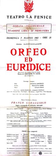Locandina di Orfeo ed Euridice, Teatro La Fenice, Venezia, maggio 1961