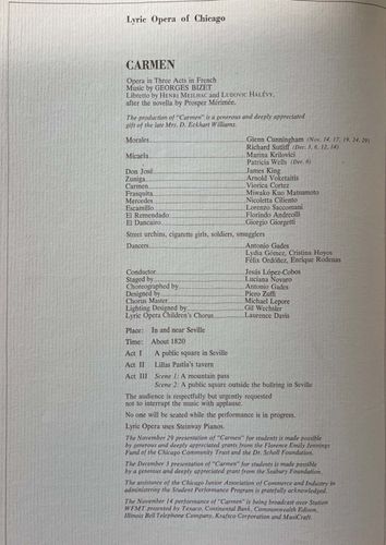 Programma di sala di Carmen, Lyric Opera of Chicago, 1973