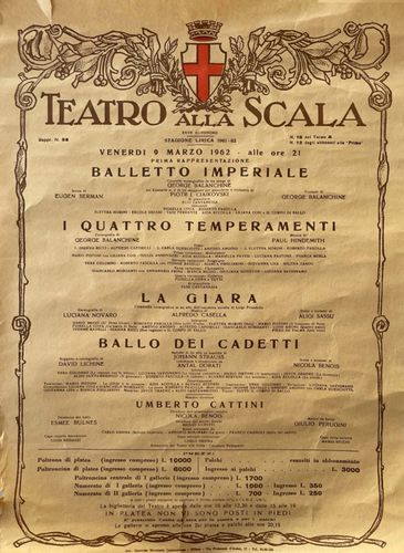 Locandina del Teatro alla Scala per gli spettacoli Balletto imperiale, I quattro temperamenti, La Giara e Ballo dei cadetti, Teatro alla Scala, 1961-62