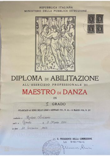 Diploma di abilitazione all’esercizio professionale di Maestro di danza, 12 dicembre 1963