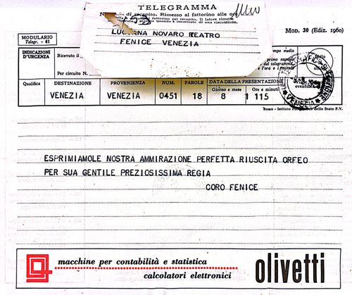 Telegramma del Coro del Teatro La Fenice per Orfeo