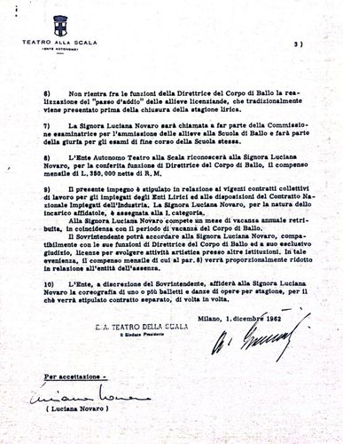 Contratto Direzione Corpo di Ballo del Teatro alla Scala, 1 dicembre 1962