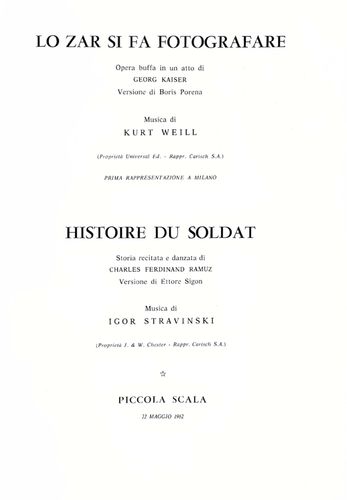 Programma di sala dei balletti Lo zar si fa fotografare e Histoire du soldat, Teatro alla Scala, 1962