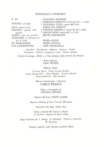 Programma di sala di Aida, Teatro La Fenice, Venezia, 1964