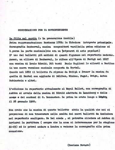 Lettera per il Sovrintendente del Teatro alla Scala Antonio Ghiringhelli sul balletto La fille mal gardée