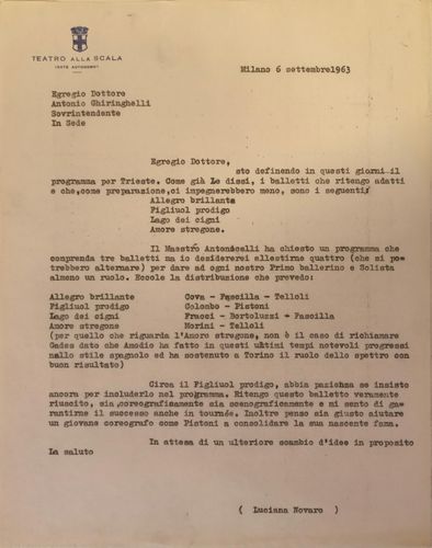 Lettera al Sovrintendente Antonio Ghiringhelli per approvazione programma, 6 settembre 1963