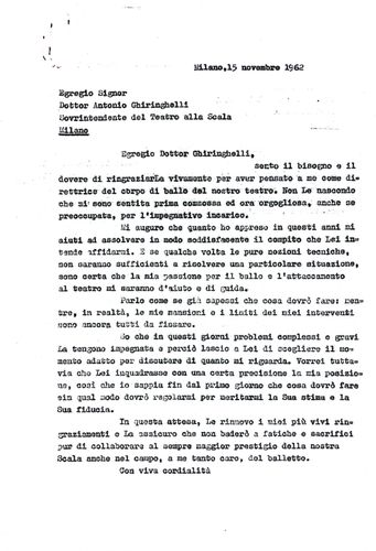 Lettera al Sovrintendente Antonio Ghiringhelli, 15 novembre 1962