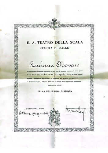 Attestato della Scuola di Ballo del Teatro alla Scala e riconoscimento del titolo di Prima Ballerina Distinta